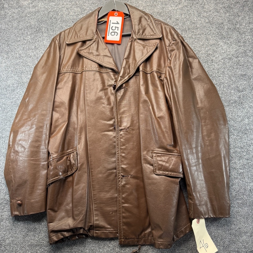 Vintage 70s Mens Brown Leather Car Coat Wide Collar Disco Blazer Size L/XL